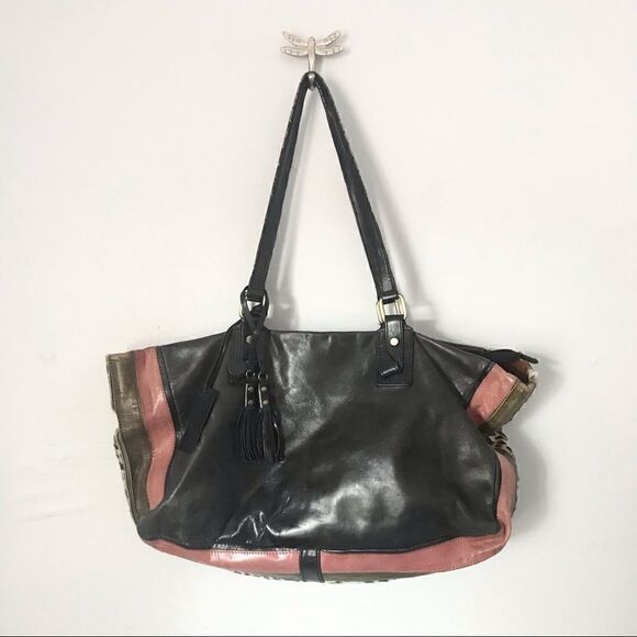 Aqua Madonna leather patchwork shoulder tote bag. Animal print calf skin - Picture 1 of 9